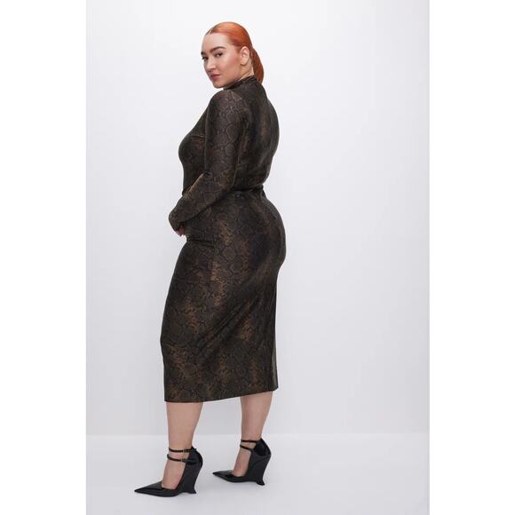 Good American Python Dress  Long-Sleeve Funnel-Neck Satin Midi Sexy Sz 2XL - Picture 4 of 15